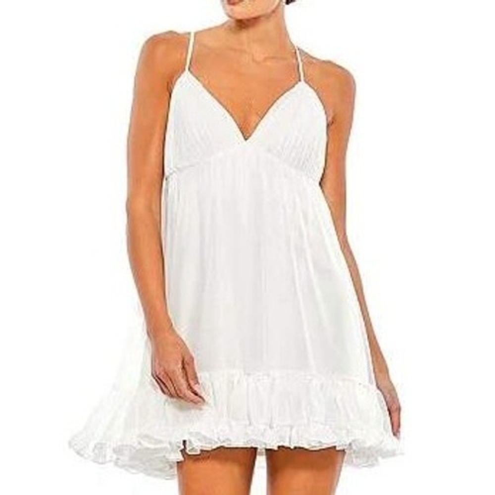 Mac Duggal V-Neck Spaghetti‎ Strap A-Line Mini Babydoll Dress White Size 10 NWT